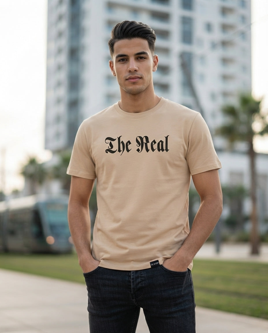 T-shirt Style Streetwear « THE REAL » (Beige / Beige Crème) M /L/ XL livraison gratuite